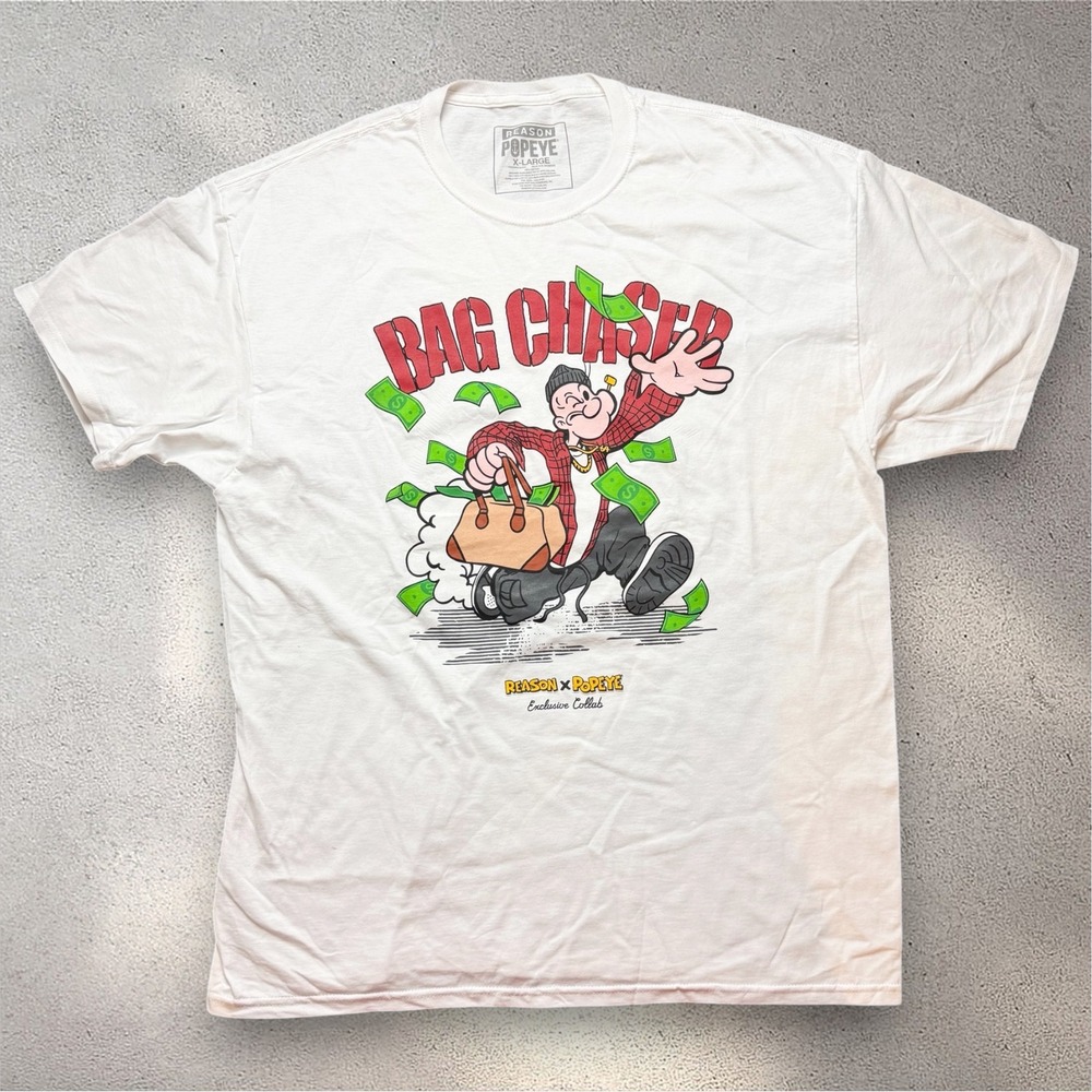 Reason x Popeye Bag Chaser Graphic T-Shirt Mens XL White Exclusive Collab Cotton